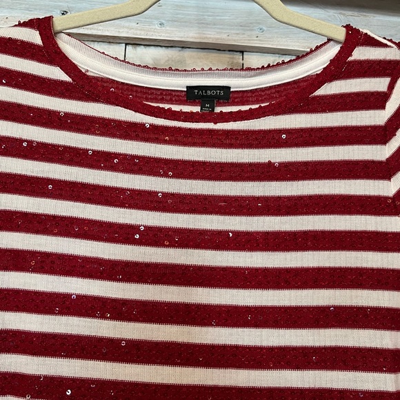 Talbots Red & White Stripe Sequins Christmas Sparkle Holiday Festive Top Size M - Picture 2 of 7
